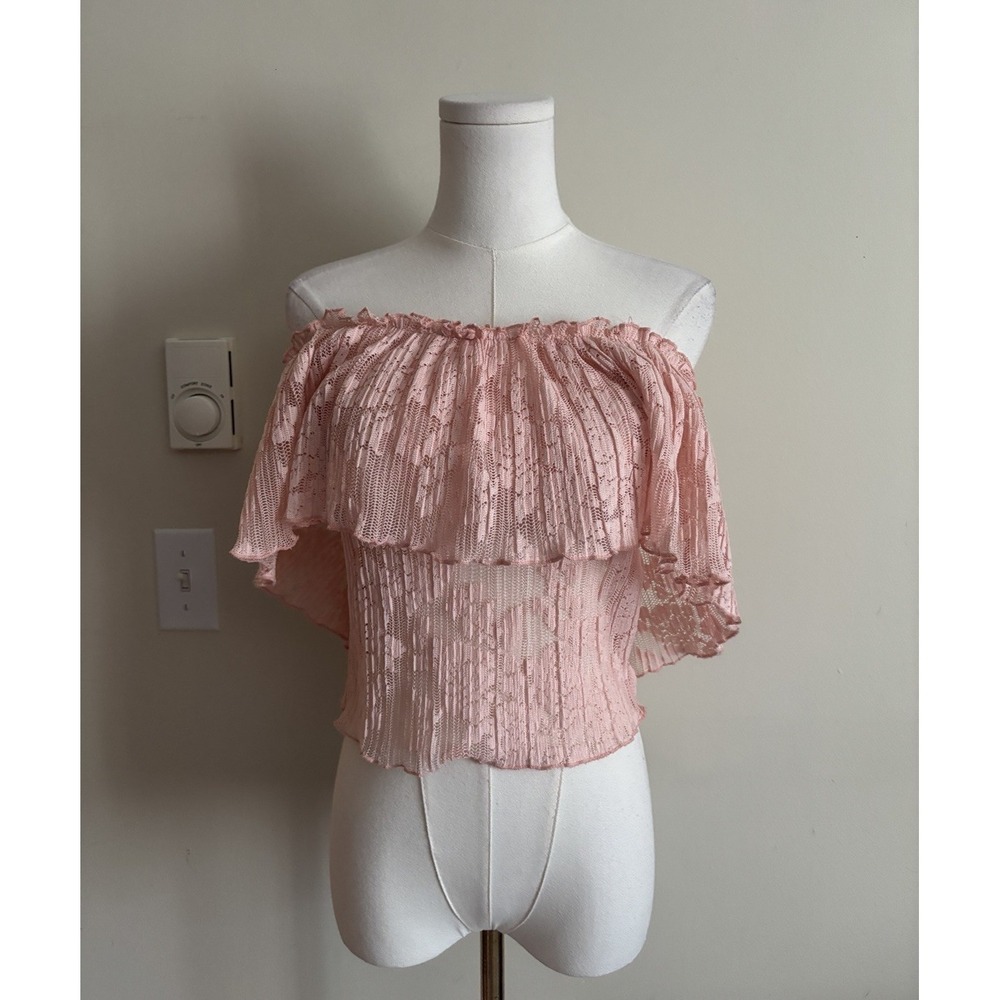 Vintage Y2K Off the Shoulder Top Pink Lace Coquette Cottage Fairy Stretch Medium